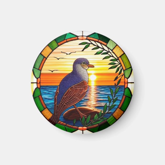 Glas-in-loodontwerp met vogel op rots magneet (Voorkant)