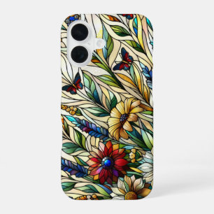 Glas-in-loodontwerp Wilde Bloemen en Vlinders iPhone 16 Hoesje