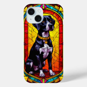 Glas-in-loodportret van een hond met gouden kettin iPhone 15 case
