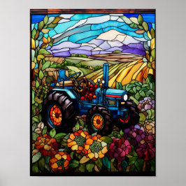Glas-in-loodraam met blauwe boerentractor  poster