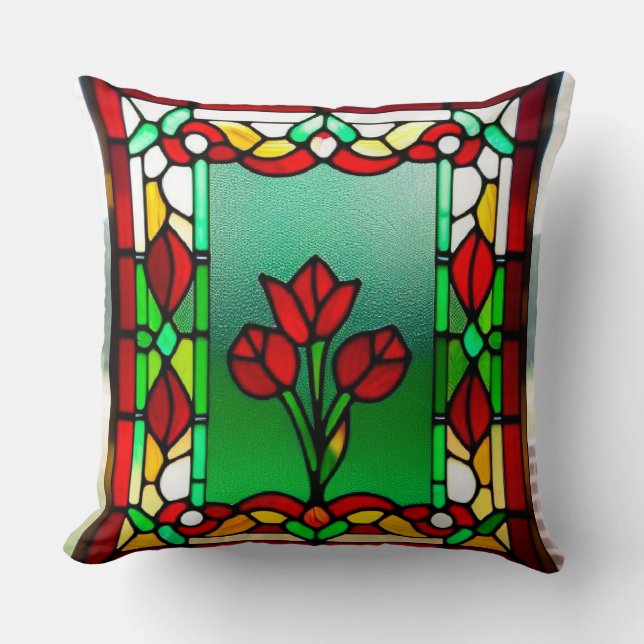 Glas-in-loodraam met rode bloem kussen (Voorkant)