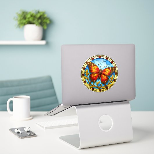 Glas-in-loodraam vlinder sticker (Laptop op bureau)