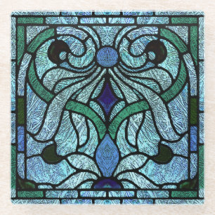 Glas-in-loodrolontwerp in blauw en groen glazen onderzetter