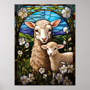 Glas-in-loodschap Schapen en Lammetje in Weiland R Poster