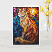Glas-in-loodstijl Fluffy Oranje en Witte Kat  Kaart (Gele Bloem)