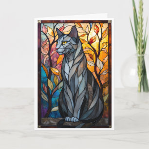 Glas-in-loodstijl grijze kat met bladeren kaart