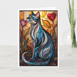 Glas-in-loodstijl grijze kat met bloemen kaart
