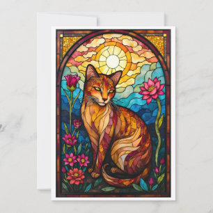 Glas-in-loodstijl oranje poesje met roze bloemen kaart