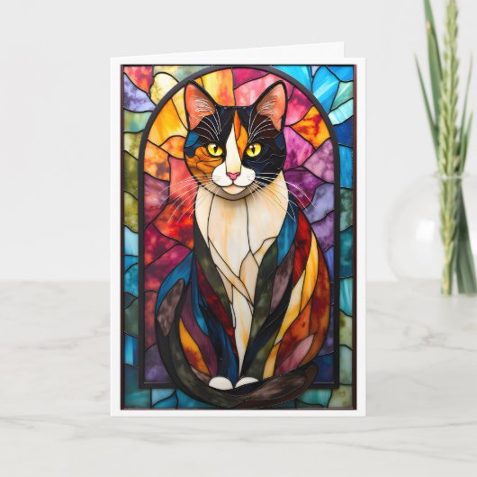 Glas-in-loodstijl Schattige Calico Kat Kaart (Voorkant)