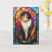 Glas-in-loodstijl Schattige Calico Kat Kaart (Gele Bloem)