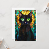 Glas-in-loodstijl Schattige Zwarte Kat Groene Ogen Kaart (Voorkant / Achterkant in situ)
