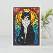 Glas-in-loodstijl Zwart-Witte Tuxedo Kat Plat Kaart (Staand voorkant)