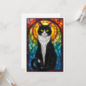 Glas-in-loodstijl Zwart-Witte Tuxedo Kat Plat Kaart (Voorkant / Achterkant in situ)