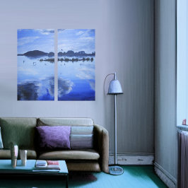 Glas meer, spiegelreflecties, vogels, wolken canvas afdruk