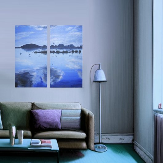 Glas meer, spiegelreflecties, vogels, wolken canvas afdruk