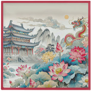 GLAS ONDERLEGGER - Een Draak-, Pagode- & Bloementu Glazen Onderzetter