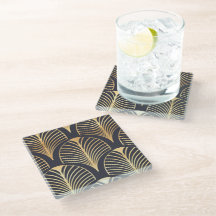 Glas Onderzetter - Art Deco Goud Zwart Waaiers Ont