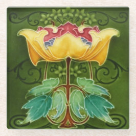 Glas Onderzetter - Geel Bloemen Art Nouveau
