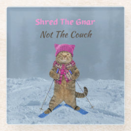 Glas Onderzetter, Shred de Gnar Ski Cat Glazen Onderzetter