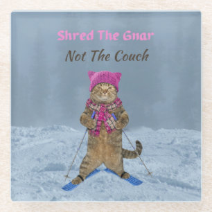 Glas Onderzetter, Shred de Gnar Ski Cat Glazen Onderzetter