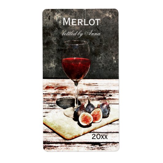 Glas rode wijn met vijgen wijn fles etiket (Voorkant)