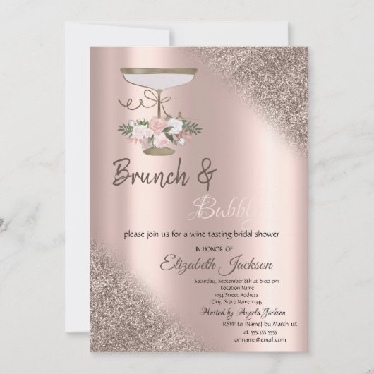 Glas, Roos Glitter Bokeh Brunch & Bubbly Kaart (Voorkant)