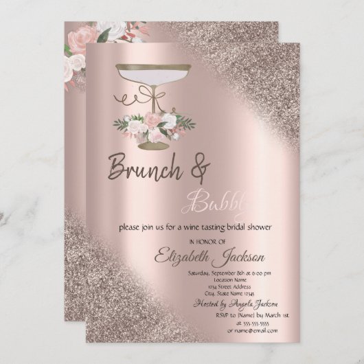Glas, Roos Glitter Bokeh Brunch & Bubbly Kaart (Voorkant / Achterkant)