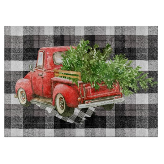 Glas Snijden XMAS Truck Baffalo Plaid Zwart Wit Snijplank (Voorkant)