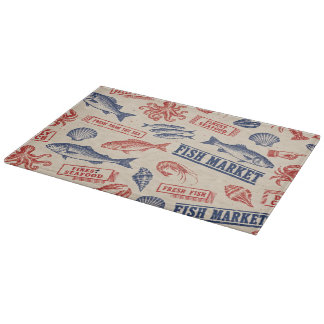Glas snijplank met vis markt decoratie voor zeevru