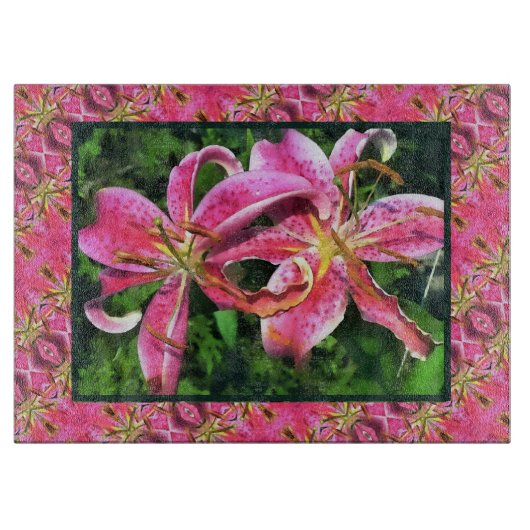 Glas snijplank roze lelies (Voorkant)