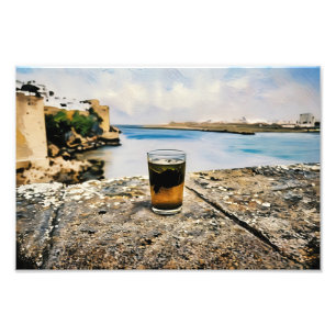 Glas thee met Schilderachtig kustachtergrond Foto Afdruk