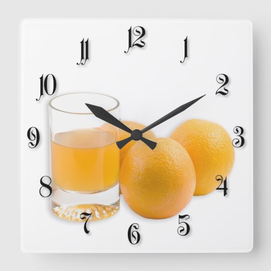 Glas van het sap en de drie sinaasappels vierkante klok (Voorkant)
