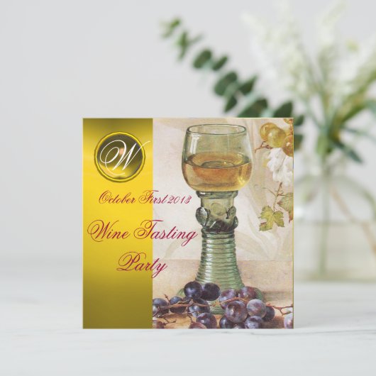 GLAS WIJN, OUDE WIJNSTOK PARTY MONOGRAMME KAART (Staand voorkant)