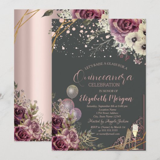 Glasballons Glitter Heels Flowers Quinceañera Kaart (Voorkant / Achterkant)