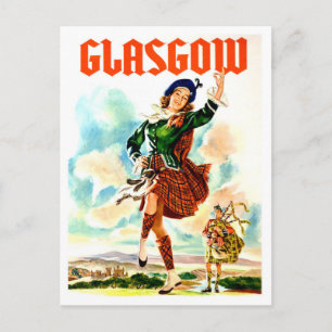 Glasgow, dansend meisje in nationaal kostuum, vint briefkaart