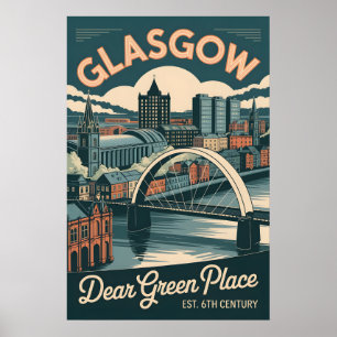 Glasgow Schotland Retro Stijl Stadslandschap Reize Poster