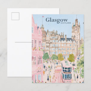 Glasgow Scotland Gouache Schilderillustratie Reize Briefkaart