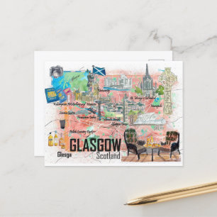 Glasgow Scotland Illustrated Travel Map met Wegen Briefkaart