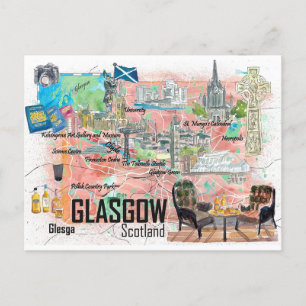Glasgow Scotland Illustrated Travel Map met Wegen Briefkaart