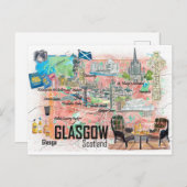 Glasgow Scotland Illustrated Travel Map met Wegen Briefkaart (Voorkant / Achterkant)