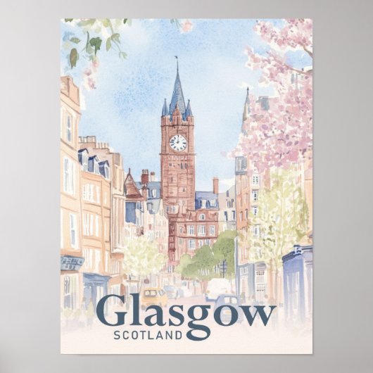 Glasgow Scotland Waterverf Painting Travel Poster (Voorkant)
