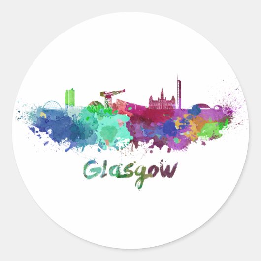 Glasgow skyline in watercolor ronde sticker (Voorkant)