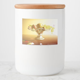 Glasmand met vruchten en vlinder voedselcontainer etiket