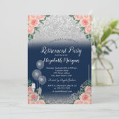 Glass Balloons Glitter Floral Navy Blue Retirement Kaart (Staand voorkant)
