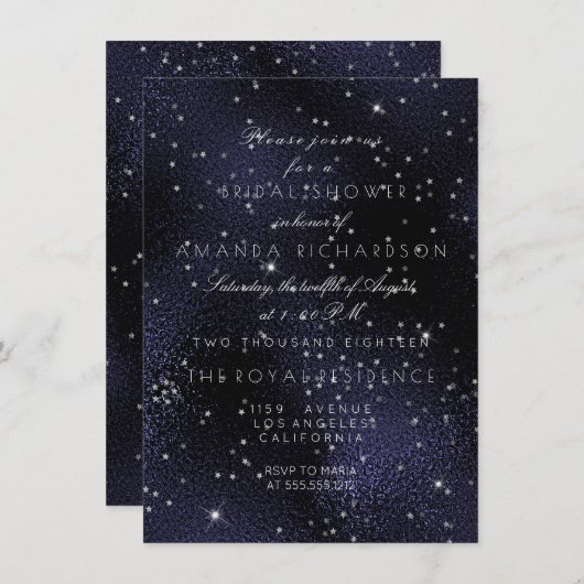 Glass Blue Navy Silver Stars Bridal Bachelorette Kaart (Voorkant / Achterkant)