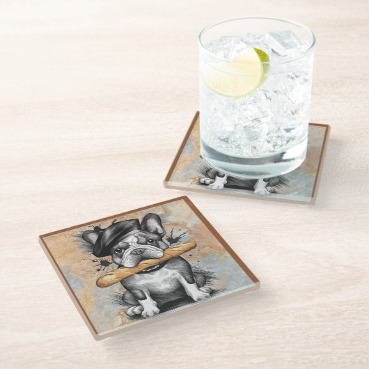 Glass COASTER -Frenchie on a Coaster with Baguette Glazen Onderzetter (Schuin)