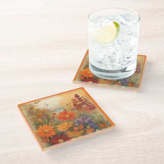 Glass COASTER - Golden Shades of Orange & Yellow Glazen Onderzetter (Schuin)