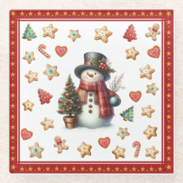 Glass Coaster Snowman and Christmas Cookies Red Glazen Onderzetter