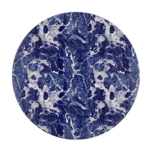 Glass Cutting Board Round - Blue & Silver Marble  Snijplank (Voorkant)