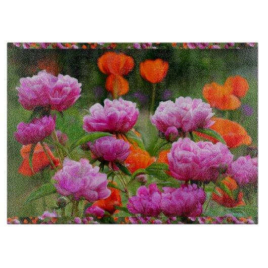 Glass Kitchen Cutting Board Peonies/Poppies Snijplank (Voorkant)